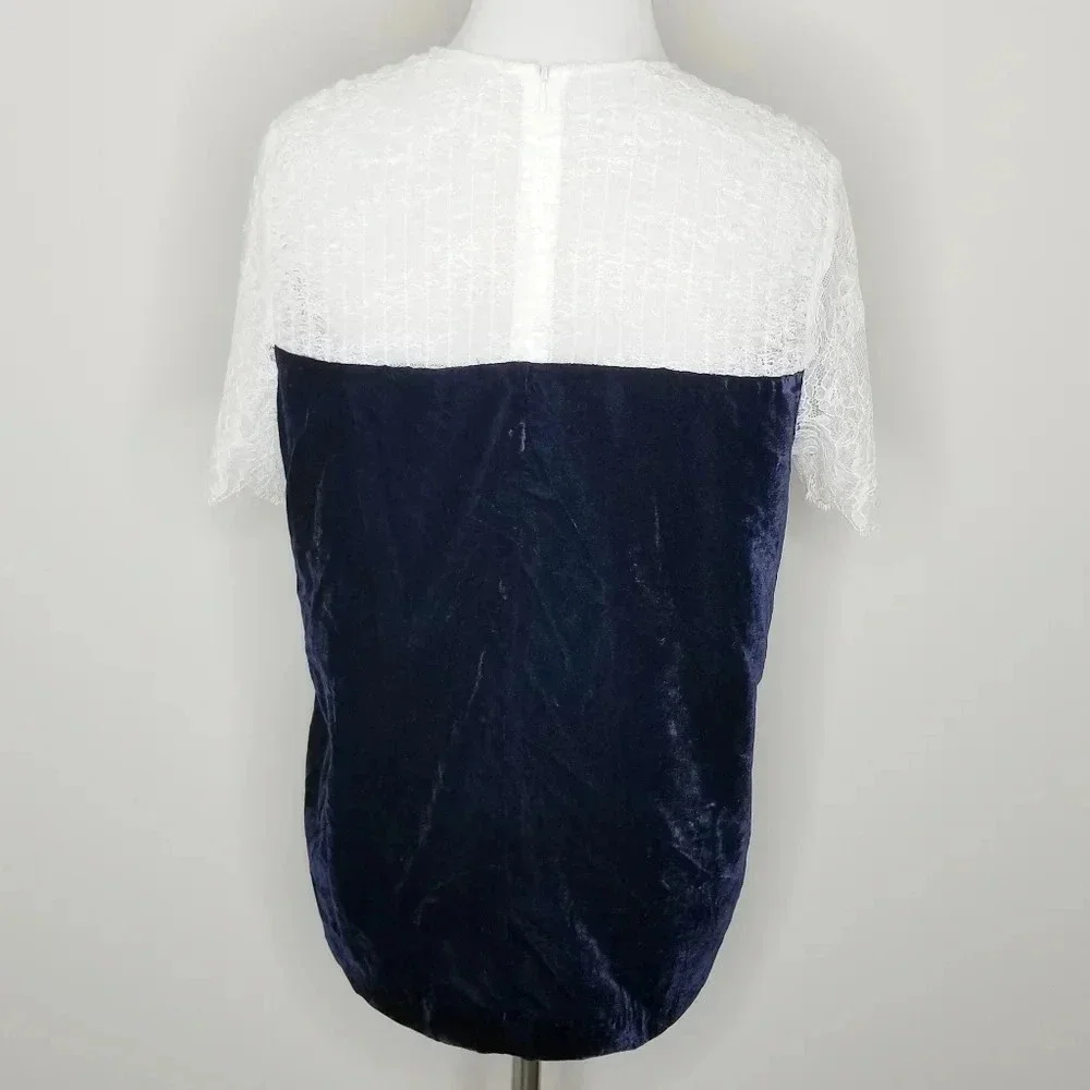 New Sandro Blue Velvet White Lace Short Sleeve Top M